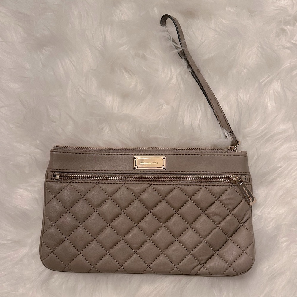 Michael Kors quilted leather clutch wristlet with strap tan beige